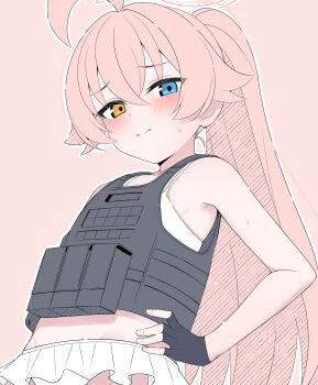 1girl absurdres adapted_costume ahoge bikini black_gloves blue_archive blue_eyes blush bulletproof_vest closed_mouth commentary_request fingerless_gloves gloves halo heterochromia highres hoshino_(armed)_(blue_archive) hoshino_(blue_archive) hoshino_(swimsuit)_(blue_archive) long_hair looking_at_viewer mistel_(sukebemistel) official_alternate_costume official_alternate_hairstyle outline pink_background pink_hair pink_halo ponytail simple_background solo swimsuit upper_body white_bikini white_outline yellow_eyes
