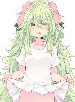 1girl ahoge blue_eyes blush breasts clothes_lift fang gen_4_pokemon green_hair groin hair_ornament legendary_pokemon long_hair miniskirt mythical_pokemon nintendo no_panties out-of-frame_censoring pokemon rakkogawa_rinro shaymin simple_background skirt small_breasts solo sweat thighs white_background