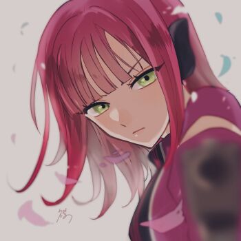 1girl aiming aiming_at_viewer breasts commentary erinan flipped_hair gloves green_eyes grey_background gun headphones holding holding_gun holding_weapon katori_squad&#039;s_uniform katori_youko looking_at_viewer medium_hair petals purple_gloves red_hair short_sleeves signature solo turtleneck weapon world_trigger
