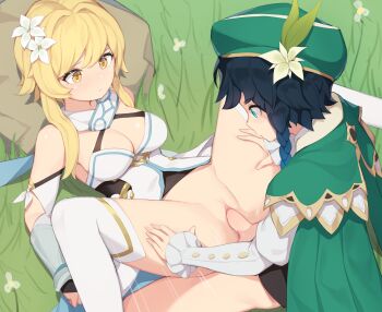 1boy 1girl black_hair blonde_hair blue_eyes blue_hair bored bottomless breasts cleavage clitoris detached_sleeves flower genshin_impact grass hair_flower hair_ornament hat lumine_(genshin_impact) lying medium_breasts missionary multicolored_hair on_back outdoors penis pepper0 pussy rock sex spread_legs thighhighs two-tone_hair vaginal venti_(genshin_impact) yellow_eyes