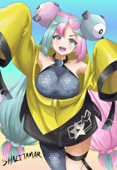 1girl breasts highres iono_(pokemon) large_breasts multicolored_hair nintendo pokemon pokemon_sv shalitamary sharp_teeth solo teeth two-tone_hair