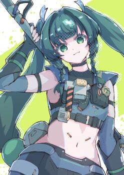 Rule 34 | 1girl, :3, android, arm strap, black choker, black gloves, braid, braided sidelocks, choker, closed mouth, commentary, commentary request, english commentary, fingerless gloves, gloves, green background, green eyes, green hair, hair ornament, hands up, head tilt, highres, holding, holding weapon, long hair, looking at viewer, midriff, mixed-language commentary, navel, police, police badge, police uniform, policewoman, qingyi (zenless zone zero), sidelocks, solo, sphere hair ornament, three section staff, two-tone background, umikawak3 1, upper body, weapon, white background, zenless zone zero