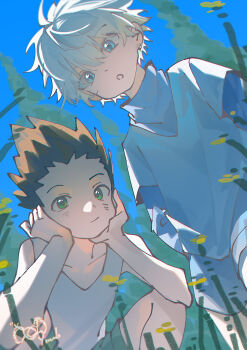 2boys absurdres black_hair blue_background blue_eyes closed_mouth commentary_request elbow_on_knee flower gon_freecss green_eyes green_shorts hand_on_own_face hands_in_pockets highres hunter_x_hunter killua_zoldyck long_sleeves looking_at_viewer male_focus multiple_boys open_mouth outdoors shirt short_hair shorts spiked_hair tank_top turtleneck white_hair white_tank_top yonab