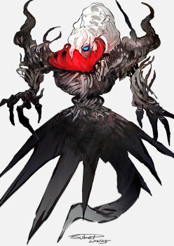 2025 absurdres artist_name black_fur black_skin blue_eyes bright_pupils claws colored_skin covered_eyes darkrai dated floating gen_4_pokemon highres legendary_pokemon mythical_pokemon nintendo no_humans pokemon pokemon_(creature) pokemon_focus simple_background solo sukepmonster whisp white_background white_pupils