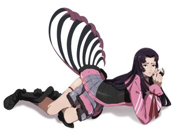 Rule 34 | 1girl, absurdres, armor, full body, furrowed brow, highres, japanese armor, knew nothing, long hair, long sleeves, looking at viewer, lying, oichi (sengoku basara), on side, purple eyes, purple hair, sengoku basara, shadow, simple background, solo, white background