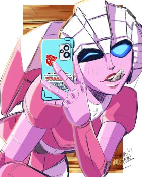 1girl absurdres arcee autobot backpack bag blue_eyes cellphone dumbdelvon glowing glowing_eyes highres humanoid_robot making_faces mechabare one_eye_closed phone red_lips robot selfie smartphone solo tongue tongue_out transformers transformers:_generation_1