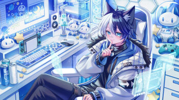 1boy absurdres ahoge animal_ear_fluff animal_ears bandaid bandaid_on_face bandaid_on_nose black_hair black_pants black_shirt blue_eyes blush borrowed_character can cat_boy cat_ears clock closed_mouth commentary_request commission computer_keyboard computer_mouse controller crossed_legs digital_clock drink_can feet_out_of_frame finger_to_mouth game_controller hair_between_eyes highres indoors jacket jewelry lava_lamp long_sleeves looking_at_viewer male_focus monitor multicolored_hair necklace nintendo_switch nintendo_switch_dock open_clothes open_jacket original pants shirt sitting skeb_commission smile soda_can solo speaker star_(symbol) suzaku_(zaku6584) turtleneck turtleneck_shirt two-tone_hair white_hair white_jacket