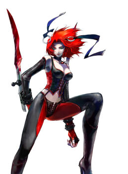 1girl armor bare_shoulders blood bloodrayne bloodrayne_(videogame) choker dhampir elbow_gloves female_focus fingerless_gloves gloves green_eyes half-human half-undead halterneck high_heels jewelry leather leather_armor mixed_species navel red_hair shoes solo sword thighhighs undead vampire weapon