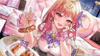 Rule 34 | 1girl, :d, ahoge, belt, bow, bowtie, breasts, brown skirt, building, chopsticks, collared shirt, commentary request, computer, copyright notice, couch, earrings, food, gradient hair, hair bow, hair ornament, hairclip, holding, holding chopsticks, hololive, hololive dev is, hololive dreams, ichijou ririka, indoors, jewelry, laptop, large breasts, long hair, looking at viewer, multicolored hair, official alternate costume, official art, okuma mai, open mouth, orange eyes, orange hair, pink hair, purple belt, purple bow, purple bowtie, rice, sausage, scrunchie, second-party source, shirt, short sleeves, skirt, skyscraper, smile, solo, swept bangs, teeth, upper teeth only, virtual youtuber, white shirt, wrist scrunchie