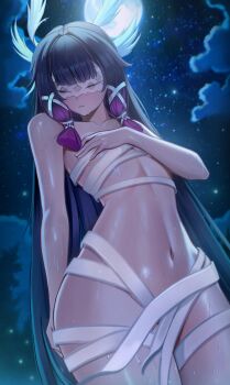 1girl absurdres breasts columbina_(genshin_impact) eye_mask flat_chest genshin_impact hair_ornament highres long_hair mask navel puppnett small_breasts solo