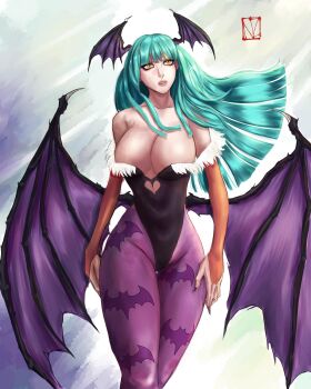 1girl absurdres animal_print bare_shoulders bat_print black_leotard breasts bridal_gauntlets capcom cleavage clothing_cutout collarbone demon_girl green_hair head_wings heart_cutout highres large_breasts leotard long_hair morrigan_aensland pantyhose solo darkstalkers wing wings yellow_eyes