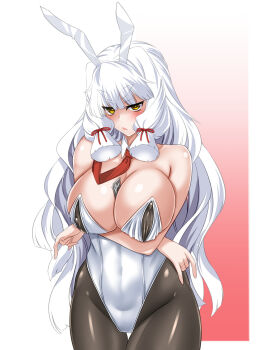 1girl aged_up alternate_breast_size_(larger) animal_ear_hairband animal_ears bare_shoulders blush breasts cleavage covered_erect_nipples cowboy_shot detached_collar fake_animal_ears frown hair_ribbon hairband hakkai highres kantai_collection large_breasts long_hair looking_at_viewer money_between_breasts murakumo_(kancolle) murakumo_kai_ni_(kancolle) necktie pantyhose playboy_bunny rabbit_ear_hairband rabbit_ears red_necktie ribbon sidelocks solo thick_eyebrows thigh_gap tress_ribbon very_long_hair white_hair yellow_eyes