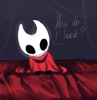1girl aged_down black_skin boopie child cloak colored_skin english_text highres hollow_eyes hollow_knight hollow_knight:_silksong horned_mask hornet_(hollow_knight) looking_at_viewer mask red_cloak sitting solo speech_bubble