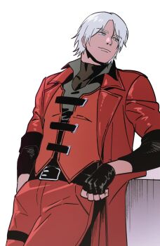 1boy akwo_dmc black_gloves blue_eyes closed_mouth coat dante_(devil_may_cry) devil_may_cry_(series) devil_may_cry_1 fingerless_gloves gloves grey_hair hand_in_pocket highres looking_to_the_side male_focus open_clothes open_coat pants red_coat red_pants red_vest short_hair smile solo vest