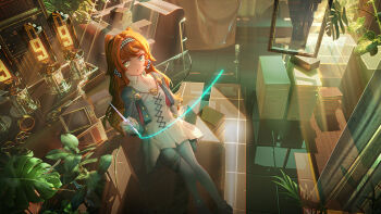 1girl book book_stack checkered_hairband computer computer_tower couch crt dress glass_pen gloves green_eyes hairband highres holding long_hair neur orange_hair picture_frame plant polka_dot_neckerchief potted_plant reverse:1999 solo sonetto_(reverse:1999) television two_side_up white_dress window