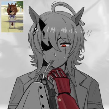 1girl agnes_tachyon_(umamusume) ahoge animal_ears commentary cosplay eyepatch hair_between_eyes highres holding holding_lighter horse_ears horse_girl johnholl0w lab_coat lighter long_sleeves mechanical_arms metal_gear_(series) metal_gear_solid_v:_the_phantom_pain reference_inset scar scar_across_eye scar_on_face single_mechanical_arm sleeves_past_fingers sleeves_past_wrists spot_color test_tube umamusume umayuru upper_body venom_snake venom_snake_(cosplay)