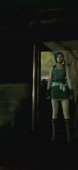 1girl 60fps animated bare_shoulders blue_eyes bob_cut boots bouncing_breasts breasts brown_hair capcom cleavage clothes_around_waist female_focus fingerless_gloves gloves holster jiggle jill_valentine large_breasts legs miniskirt pencil_skirt resident_evil see-through_clothes short_hair shoulder_holster skirt solo standing strapless sweater sweater_around_waist tagme turning_around video watch