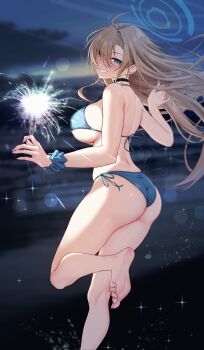 1girl ass asuna_(blue_archive) asymmetrical_bangs barefoot bikini blonde_hair blue_archive blue_bikini blue_eyes blue_halo blue_scrunchie breasts choker cloud cloudy_sky dusk feet fireworks halo highres huge_ass large_breasts light_brown_hair looking_back moon night night_sky scrunchie sky solar_(happymonk) sparkler swimsuit thick_thighs thighs wristband