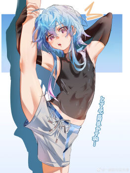 1boy absurdres arknights black_gloves black_shirt blue_hair elbow_gloves fingerless_gloves gloves gradient_hair grey_shorts highres looking_at_viewer male_focus mizuki_(arknights) multicolored_hair open_mouth pink_eyes pink_hair puddingtiger shirt short_shorts shorts sleeveless sleeveless_shirt solo split standing standing_on_one_leg standing_split teeth translation_request upper_teeth_only