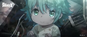 aged_down anime_screenshot blue_hair child chinese_commentary clenched_hand commentary_request copyright_logo crash crying crying_with_eyes_open dappled_sunlight debris green_eyes hands_up highres logo looking_at_viewer lucky_cyan_(to_be_hero_x) messy_hair official_art scenery shirt short_hair sidelocks sparkling_eyes stained_clothes sunlight tears to_be_hero to_be_hero_x upper_body white_shirt