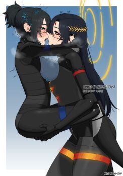 2girls android armor arms_behind_head black_hair blush breasts carrying commission commissioner_upload drooling facial_mark falke_(signalis) forehead_mark halo heart height_difference high_ponytail highres holding joints k3nnyn3v kiss large_breasts laurel_crown long_hair mechanical_arms multiple_girls original ponytail robot_joints saliva saliva_trail signalis spoken_heart steam yuri