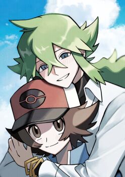 Rule 34 | 2boys, absurdres, arms around neck, baseball cap, black shirt, blush, brown eyes, brown hair, closed mouth, cloud, cloudy sky, collared shirt, commentary request, crossed bangs, double-parted bangs, green hair, grey eyes, hat, highres, hilbert (pokemon), long hair, long sleeves, male focus, multiple boys, n (pokemon), nintendo, pokemon, pokemon bw, shirt, short hair, sky, smile, upper body, wing collar, zero (sleepy meltan)