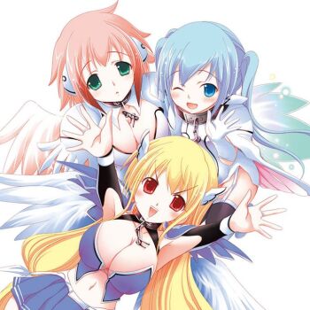 3girls :o angel angel_wings artist_name astraea_(sora_no_otoshimono) blonde_hair blue_eyes blue_hair blush breasts broken broken_chain chain cleavage collar copyright_name dress feathered_wings from_above garter_straps gloves green_eyes hair_between_eyes hand_up head_wings huge_breasts ikaros jewelry large_breasts lips long_hair looking_at_viewer low_twintails metal_collar minazuki_suu multiple_girls navel nymph_(sora_no_otoshimono) official_art one_eye_closed open_hands open_mouth outstretched_arms palms pink_hair pink_wings reaching reaching_towards_viewer red_eyes ring robot_ears sidelocks small_breasts smile sora_no_otoshimono spread_fingers tareme thighhighs triangle_mouth twintails upper_body v-shaped_eyebrows very_long_hair white_dress white_gloves white_wings wings