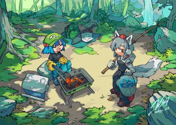 2girls absurdres alternate_costume animal_ears bandaid bandaid_on_face bandaid_on_nose black_pants black_shirt blue_hair blue_pants brown_eyes bucket charcoal closed_eyes closed_mouth commentary_request cooler doggo_1d34 fish fishing_rod forest geta gloves green_bag green_hat grey_gloves grey_hair grill hair_bobbles hair_ornament hat highres holding holding_bucket holding_fishing_rod holding_tongs inubashiri_momiji jewelry kawashiro_nitori key key_necklace multiple_girls nature necklace open_mouth outdoors pants red_hat red_sandals sandals sheath sheathed shield shirt signature smile sword tail tengu-geta tokin_hat tongs touhou tree twitter_username weapon wolf_ears wolf_girl wolf_tail