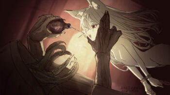 1boy 1girl animal_ears chain cloak cuffs expressionless forced_drinking grabbing_another's_chin hand_on_another's_chin hood hooded_cloak loli long_hair miyopiwi monster_boy nude open_mouth original potion pouring shackles sketch tentacles wolf_ears