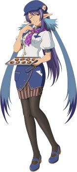 Rule 34 | 1girl, artist request, black pantyhose, blue hair, blue hat, blue shoes, blue skirt, breasts, cookie, finger to own chin, food, full body, game cg, hat, highres, holding, holding tray, judith (tales), large breasts, long hair, looking at viewer, multicolored hair, official alternate costume, official art, one eye closed, pantyhose, pointy ears, purple eyes, purple hair, shoes, skirt, smile, solo, standing, tales of (series), tales of asteria, tales of vesperia, third-party source, transparent background, tray, twintails, two-tone hair, very long hair