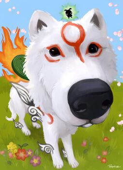 absurdres amaterasu_(ookami) animal animal_focus cherry_blossoms close-up commentary doggo_revolution fire flower grass highres issun let_me_do_it_for_you_(meme) looking_at_viewer meme no_humans on_grass ookami_(game) petals reflector_(ookami) white_wolf wings wolf