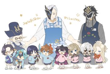 4girls 6+boys action_figure aged_down ahoge alternate_costume apron aqua_hair arlecchino_(genshin_impact) arm_at_side arm_up asymmetrical_bangs bangs_pinned_back beard black_apron black_hair black_hat black_mask black_skirt blonde_hair blue_apron blue_eyes blue_shirt blue_sleeves blunt_bangs blunt_ends blush_stickers bonk brown_hair bug candy candy_wrapper capitano_(genshin_impact) center-flap_bangs character_doll child choppy_bangs clenched_hand closed_eyes closed_mouth coin collared_shirt colored_inner_hair columbina_(genshin_impact) commentary_request contemporary doll dottore_(genshin_impact) drawstring dual_wielding eye_mask facial_hair facing_another facing_up facing_viewer food freminet_(genshin_impact) full_body genshin_impact giving glint gold_coin grey_hair grey_shirt grey_sleeves hair_intakes hair_over_one_eye hair_slicked_back half_mask hand_on_own_hip hand_up hands_up hat headpat highres holding holding_candy holding_coin holding_doll holding_food holding_hands holding_pouch holding_sword holding_toy holding_weapon insect kindergarten_uniform kingyo_(nyankomanjyuu15) kneeling long_bangs long_hair long_sidelocks long_sleeves looking_at_another looking_at_viewer luonnotar_(genshin_impact) lynette_(genshin_impact) lyney_(genshin_impact) mask mask_on_head mecha moth multicolored_hair multiple_boys multiple_girls mustache open_hands open_mouth outstretched_arms pantalone_(genshin_impact) parted_bangs pierro_(genshin_impact) pigeon-toed pink_hair pink_shirt pink_sleeves pleated_skirt pointy_ears pulcinella_(genshin_impact) pulonia_(genshin_impact) purple_bag raised_eyebrows red_mask red_pupils robot round_collar round_eyewear sandrone_(genshin_impact) scaramouche_(genshin_impact) scaramouche_(shouki_no_kami)_(genshin_impact) seiza semi-rimless_eyewear shirt shoes short_hair short_hair_with_long_locks sidelocks sideways_glance signora_(genshin_impact) sitting skirt smock smug socks split_mouth spread_arms streaked_hair stuffed_toy swept_bangs sword symbol-shaped_pupils tartaglia_(genshin_impact) three-quarter_sleeves toy toy_sword translation_request undershirt uwabaki very_long_hair weapon white_background white_hair white_mask white_shirt white_shoes white_sleeves white_socks wing_collar x-shaped_pupils yellow_eyes