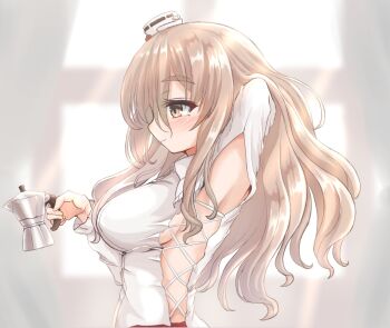 1girl :3 breasts brown_eyes coffee_pot commentary_request female_focus hair_between_eyes hat kantai_collection kasashi_(kasasi008) light_brown_hair long_hair medium_breasts mini_hat pola_(kancolle) profile shirt sideboob smile solo thick_eyebrows tilted_headwear upper_body wavy_hair white_hat white_shirt