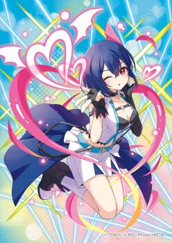 Rule 34 | 1girl, black bra, blue hair, bra, breasts, character request, cleavage, commentary request, copyright notice, fingerless gloves, gloves, heart, highres, looking at viewer, medium breasts, official art, one eye closed, peron (niki2ki884), red eyes, shirt, short hair, shorts, solo, underwear, white shirt, white shorts, wixoss