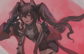 1girl :d absurdres animal_ear_fluff animal_ears bare_shoulders blaanid_(mabinogi) black_gloves breasts brown_hair coat craneodes dress elbow_gloves fox_ears fox_girl gloves grey_dress hair_between_eyes headpiece highres leaning_forward long_hair looking_at_viewer medium_breasts off_shoulder open_clothes open_coat open_mouth pointing red_coat red_eyes shading_eyes short_dress smile solo twintails upper_body very_long_hair