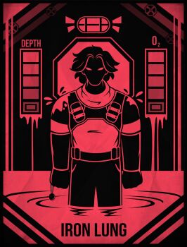 1boy clenched_hand copyright_name diving_suit empty_eyes english_text facing_viewer feet_out_of_frame hashtag-only_commentary highres iron_lung_(movie) male_focus red_theme short_hair simon_(iron_lung) solo standing vector_victor_v vest wading