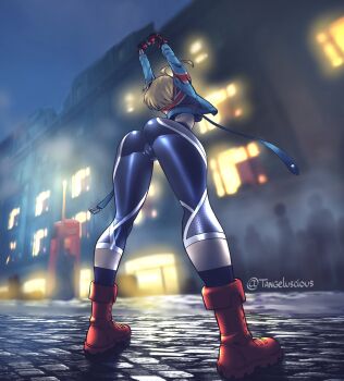 1girl 2023 antenna_hair artist_name ass ass_focus asymmetrical_gloves black_gloves black_pants blonde_hair blue_jacket boots building cameltoe cammy_stretch_(meme) cammy_white capcom capri_pants city city_lights cloud cloudy_sky combat_boots commentary cropped_jacket english_commentary female_focus fingerless_gloves foreshortening from_behind from_below full_body gloves highres huge_ass jacket leaning_forward legs_apart long_sleeves meme midriff night outdoors pants perspective red_boots short_hair skin_tight sky solo_focus sports_bra standing street_fighter street_fighter_6 stretching tangeluscious thick_thighs thighs union_jack union_jack_print white_trim