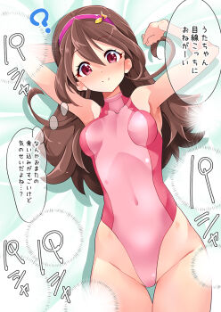 1girl ? arm_behind_head blush breasts brown_hair commentary_request covered_navel eighth_note fortissimo hair_ornament hairband hamuhamu highleg highleg_one-piece_swimsuit kimi_to_idol_precure long_hair looking_at_viewer musical_note musical_note_hair_ornament one-piece_swimsuit partial_commentary pink_hairband pink_one-piece_swimsuit precure red_eyes sakura_uta_(precure) small_breasts solo swimsuit thigh_gap translated