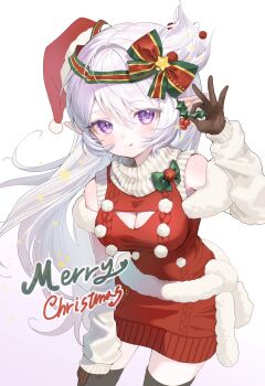 Rule 34 | 1girl, black gloves, black thighhighs, blush, bow, breasts, cable knit, cleavage, cleavage cutout, closed mouth, clothing cutout, commentary request, cowboy shot, dress, elf, gloves, hair between eyes, hair bow, hand on own thigh, hand up, hat, highres, holding, korean commentary, large breasts, licking lips, limu838, long bangs, long hair, looking at viewer, merry christmas, one side up, original, pointy ears, purple eyes, red sweater, santa hat, simple background, sleeveless, sleeveless sweater, solo, standing, striped bow, sweater, sweater dress, thighhighs, tongue, tongue out, very long hair, white background