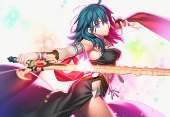 1girl ahoge armlet artist_name black_dress blue_eyes blue_hair breasts cleavage commentary commentary_request d12-nelth dancer dancer_(fire_emblem:_three_houses) dress english_commentary female_byleth_(fire_emblem) fire_emblem fire_emblem:_three_houses holding holding_sword holding_weapon jewelry long_dress looking_at_viewer medium_breasts medium_hair mixed-language_commentary nintendo sideboob simple_background single-shoulder_dress solo sword sword_of_the_creator takeuchi_takashi_(style) twitter_username watermark weapon white_background