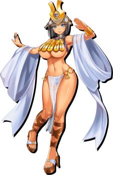 1girl ancient_egyptian ancient_egyptian_clothes black_hair blue_eyes breasts curvy highres large_breasts lips loincloth looking_at_viewer menace_(queen's_blade) midriff navel official_art platform_clogs queen's_blade queen's_blade_limit_break revealing_clothes smile thong underboob wide_hips