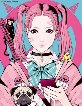 1girl animal animal_on_shoulder aqua_background aqua_bow aqua_bowtie artist_name bandaid bandaid_on_cheek bandaid_on_face bandaid_on_forehead bird bird_on_shoulder black_collar bow bowtie closed_mouth collar collared_shirt commentary_request diagonal-striped_bow diagonal-striped_bowtie diagonal-striped_clothes dog eyelashes eyeshadow holding holding_phone jacket looking_at_viewer makeup medium_hair monkey open_clothes open_jacket original phone pink_eyes pink_hair pink_jacket pink_lips pink_nails pink_scrunchie pug scrunchie shirt skull_ornament solo spot_color striped_bow striped_bowtie striped_clothes sword sword_on_back takanashi_shin twintails upper_body weapon weapon_on_back white_shirt