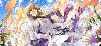 1boy blonde_hair blue_eyes blue_sky chain clovis_la_britannia code_geass code_geass:_lost_stories f4samurai flower happy highres looking_at_viewer medium_hair official_art sky smile solo tagme teeth white_flower