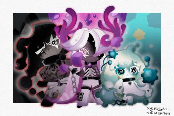 Rule 34 | 1boy, 1girl, 1other, @ @, ambiguous gender, black choker, black eyes, black hair, blush, body markings, choker, colored eyelashes, colored skin, cookie run, cookie run: kingdom, cuffs, gradient hair, horns, long hair, mold dough cookie, multicolored hair, nellyart, no shirt, one eye closed, pants, pom pom dough cookie, shackles, torn clothes, twintails, venom dough cookie, watermark, white eyelashes, white eyes, white hair, white pants, white skin