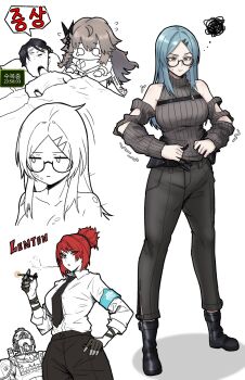 Rule 34 | 2boys, 3girls, bed, black hair, blue eyes, blue hair, brown hair, cigarette, gas mask, girls' frontline, girls' frontline 2: exilium, glasses, hair ribbon, hand on own hip, highres, holding, holding cigarette, implied after sex, j (girls' frontline), lentine (girls' frontline 2), long hair, mask, meme, mexico ufo alien bodies hearing (meme), military uniform, multiple boys, multiple girls, nele (girls' frontline), ponytail, red hair, ribbon, smoking, sp9 (girls' frontline), user074519, white background