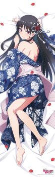1girl absurdres anime_coloring bare_legs bare_shoulders barefoot black_hair blue_kimono closed_mouth copyright_name copyright_notice dakimakura_(medium) floral_print floral_print_kimono full_body hair_ornament highres horikita_suzune japanese_clothes kimono long_hair lying official_art on_side print_kimono red_eyes red_petals smile solo white_background youkoso_jitsuryoku_shijou_shugi_no_kyoushitsu_e