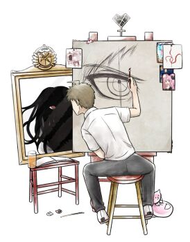 1boy ahoge animal_bag backpack bag bear_hair_ornament black_pants cat_bag commentary danganronpa_(series) danganronpa_2:_goodbye_despair english_commentary enoshima_junko from_behind galaga glass hair_ornament highres hinata_hajime holding holding_paintbrush inception kamukura_izuru kmnm_1403 looking_at_mirror male_focus mirror paintbrush painting_(action) painting_(object) pants pink_bag pixel_art reflection simple_background solo spoilers stool triple_self-portrait_(norman_rockwell) unworn_bag unworn_hair_ornament