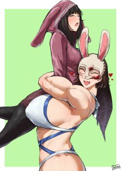 2girls animal_hood animification batako_(batakoart) bearhug biceps bikini black_hair breasts dead_by_daylight feng_min heart highres hood hug large_breasts lifting_person mask multiple_girls muscular muscular_female rabbit_hood rabbit_mask smile swimsuit the_huntress_(dead_by_daylight) yuri