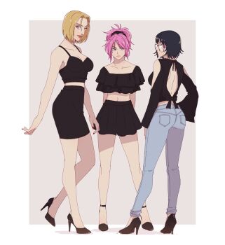 Rule 34 | 3girls, aquiline nose, back cutout, black camisole, black hair, black skirt, blonde hair, blue pants, breasts, camisole, cleavage, clothing cutout, collarbone, commentary, crop top, denim, frilled shirt, frills, frown, glasses, hanpetos, high-waist skirt, high heels, hunter x hunter, jeans, machi komacine, medium breasts, medium hair, midriff, miniskirt, multiple girls, navel, nose, pakunoda, pants, pencil skirt, pink hair, ponytail, purple eyes, red eyes, red lips, shirt, shizuku murasaki, shoulder cutout, skirt, smile, symbol-only commentary, wide sleeves