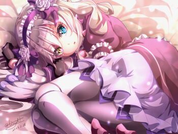 1girl artist_name braid commentary_request crown_braid doll_joints double-parted_bangs dress eiyuu_densetsu flower_hairband frilled_dress frills gothic_lolita hairband hajimari_no_kiseki heterochromia highres joints kai_no_kiseki kuro_no_kiseki_(series) lapis_rosenberg lolita_fashion lolita_hairband lying multicolored_eyes open_mouth purple_dress purple_hairband tinybiard white_hair